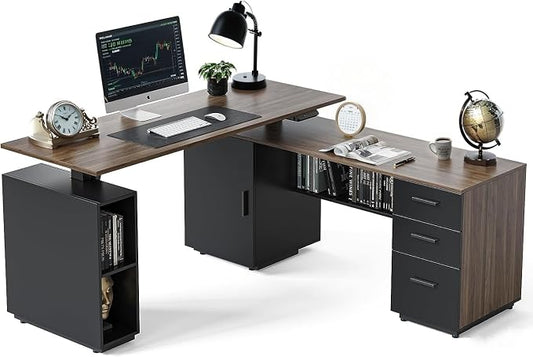 FEZIBO L Shaped Standing Desk, 63 inch Executive Standing Desk, Adjustable Height Desk with Storage Drawers for Home Office, Deep Wood Grainy