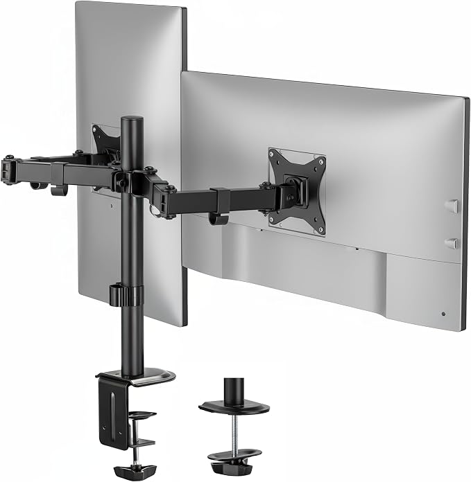 Mount-It Dual Monitor Arm, Desk Mount for 2 Screens 13-32 in, Steel | Holds up to 19.8 lbs Each, Full Motion Tilt Swivel Rotate, VESA 75x75 100x100, Cable Management, C-Clamp or Grommet, Black