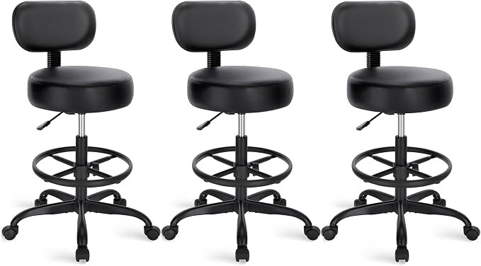 SUPERJARE Drafting Chair with Back, Set of 3, Swivel Barstools, Adjustable Height Rolling Stool with Footrest, Standing Desk Chair for Counter Height Desk, Shop, Home Kitchen, Clinic Studio, All Black