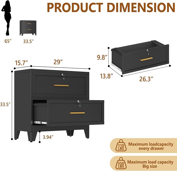 Metal Lateral File Cabinet with Lock,2 Drawer Steel Wide Filing Organization Storage Cabinets for Legal/Letter/A4/F4 Size with Hanging Files&Key,Lockable Printer Stand for Home Office, Black