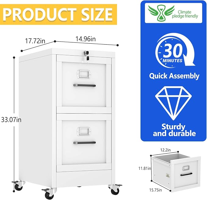 GAIOUS 2 Drawer Mobile File Cabinet with Wheels, Locked Under Desk Cabinet | Metal Filing Cabints with Lock, White Rolling File Cabinet for Home Office, Fits Letter/Legal/A4 Size