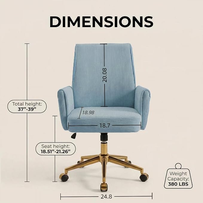 Striped Velvet Office Chair, 360° Swivel Ergonomic Task Chair with High Back, Gold Base and Wheels, Height Adjustable Modern Accent Chair for Home Office, Living Room, Study, Vanity Room (Blue)