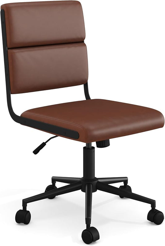 Martha Stewart Lulu Swivel Task Chair with Height Adjustable Seat for Home Office in Saddle Brown Faux Leather with Oil Rubbed Bronze Frame