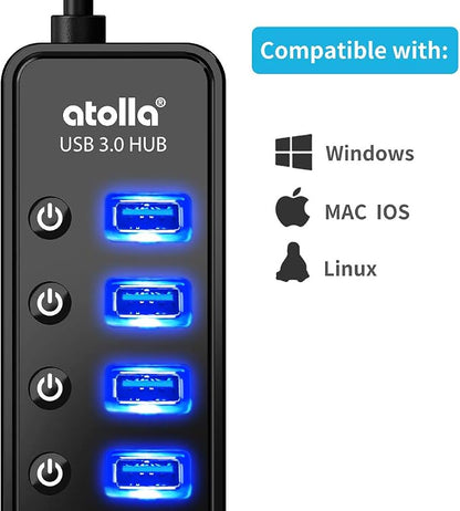 Powered USB Hub 3.0, Atolla 7-Port USB Data Hub Splitter with One Smart Charging Port and Individual On/Off Switches and 5V/4A Power Adapter USB Extension for MacBook, Mac Pro/Mini and More.