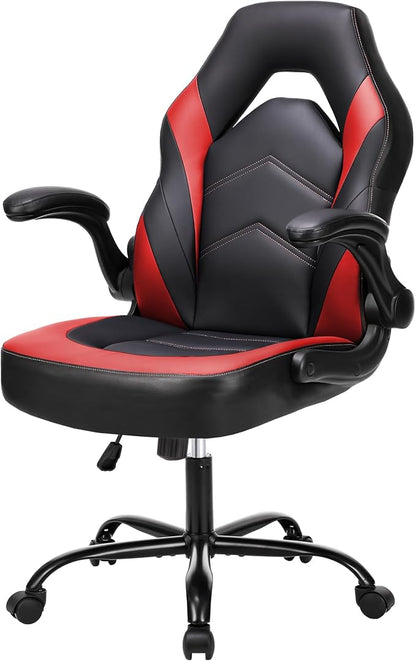 NEWBULIG Computer Gaming Desk Chair - Big Tall Ergonomic Lumbar Support with Flip-up Armrest and 360° Swivel Wheels, PU Leather Height Adjustable, for Home and Office, Red