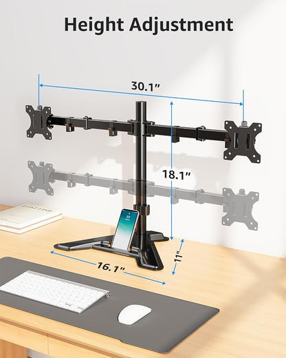 MOUNTUP Dual Monitor Stand - Freestanding & Height Adjustable Monitor Desk Mount, Steady VESA Mount Holds Max 17.6 lbs, Computer Monitor Stand for 2 Screens up to 27 inches, for Home Office