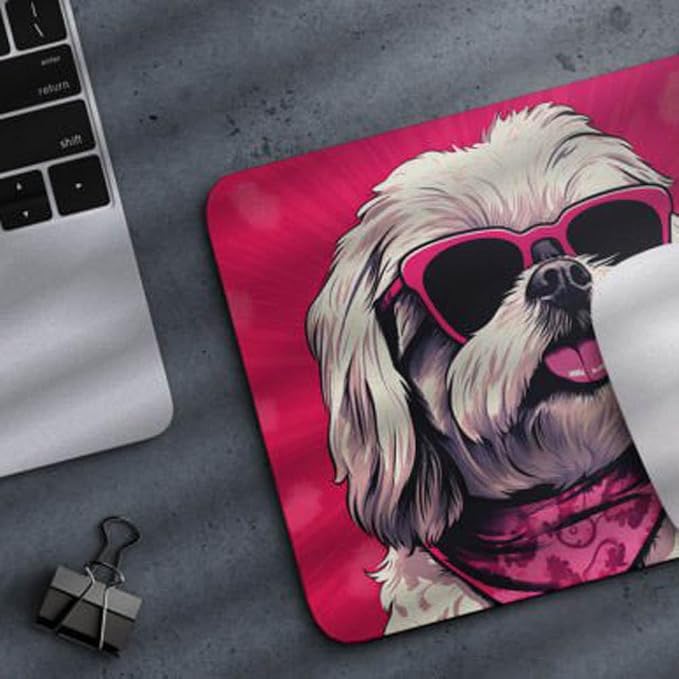 Pink Mousepad Glamour Dog Shih Tzu Mouse Pad for Home Office Gaming Working Desk Computer Desktop Accessories Non-Slip Rubber Mousepad for Dog Lovers