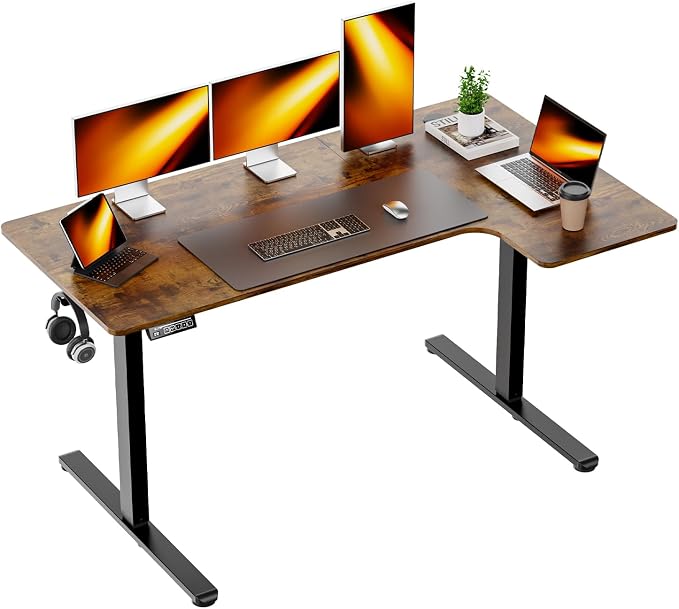 EcoZen Standing Desk Electric Height Adjustable Desk 55 x 33.5 Inches L Shaped Sit Stand up Desk, Computer Home Office Desk Memory Preset with Two-Piece Fir Wood Desktop (Vintage Brown, 55*33.5 Inch)
