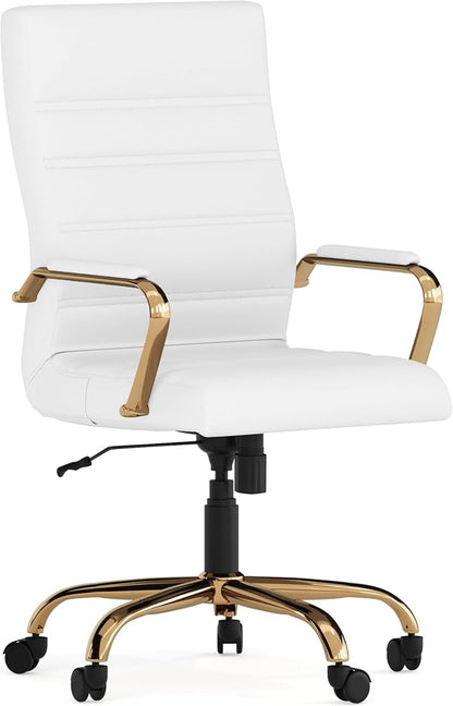 Merrick Lane Milano Contemporary High-Back White Faux Leather Home Office Chair with Padded Gold Arms