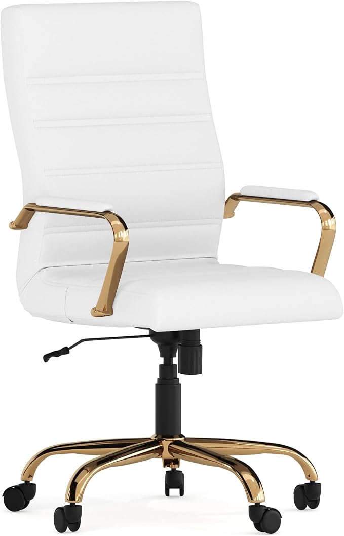 EMMA + OLIVER Faux Leather High-Back Swivel Home Office Desk Chair with Wheels, Padded Seat, and Armrests, Adjustable Height Multipurpose Office Chair, White/Gold