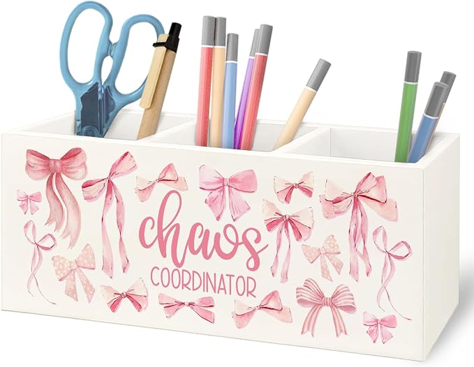 Thank You Appreciation Gifts for Women Boss Coworker Manager Nurse Employee Social Workers Wooden Pen Pencil Holder,Coquette Pink Bow Chaos Coordinator Makeup Brush Toothbrush Holder Organizer