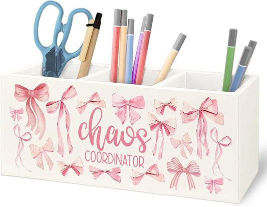 Thank You Appreciation Gifts for Women Boss Coworker Manager Nurse Employee Social Workers Wooden Pen Pencil Holder,Coquette Pink Bow Chaos Coordinator Makeup Brush Toothbrush Holder Organizer