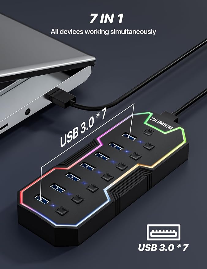 USB Hub 7 Port, RGB LED Strip USB Splitter for Laptop Gaming | USB 3.0 Hub with Individual LED On/Off Switches for Mac, PC, Desktop, Flash Drive, Mobile HDD