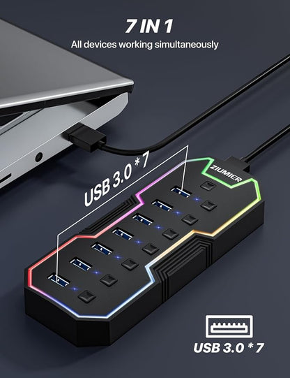 USB Hub 7 Port, RGB LED Strip USB Splitter for Laptop Gaming | USB 3.0 Hub with Individual LED On/Off Switches for Mac, PC, Desktop, Flash Drive, Mobile HDD