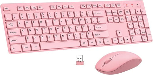 Wireless Keyboard and Mouse Combo, EDJO Silent Full Size Cordless USB Keyboard Mouse, 2.4GHz Lag-Free, Long Battery Life, for Computer, Laptop, PC, Chromebook, Windows (Pink, 1 Pack)