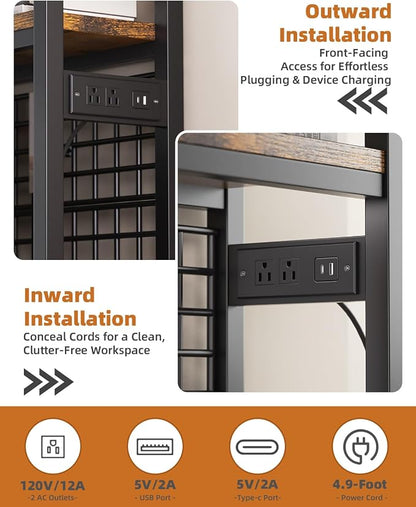 Desktop Hutch Bookshelf with Power Outlet, 3-Tier Desk Organizer Rack | 45.3" Width | Adjustable Shelves | Bookcase with Grid Panel | Sturdy Metal Frame | for Dorm Office | Easy Assembly