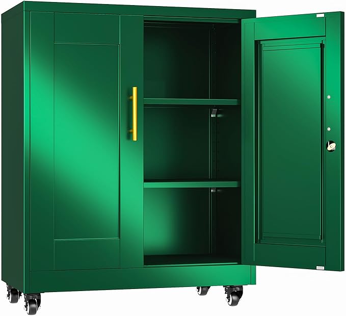 erosoei 35" H Metal Garage Storage Cabinet, Rolling Tool Cabinet with 2 Doors and Wheels, Locker Steel Cabinet with 2 Adjustable Shelves, Organization Cabinet for Garage,Office,Home,Gym,School（Green）