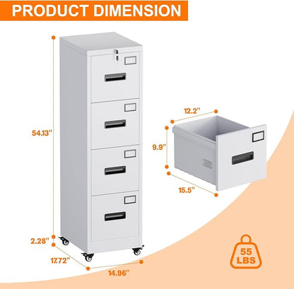 METAN 4 Drawer Metal File Cabinet on Wheels, Lockable Vertical Filing Storage for Letter Legal Size, Steel Organizer for Home Office, 14.96"x17.72"x54.13", Assembly Required, White