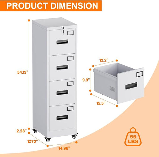 METAN 4 Drawer Metal File Cabinet on Wheels, Lockable Vertical Filing Storage for Letter Legal Size, Steel Organizer for Home Office, 14.96"x17.72"x54.13", Assembly Required, White
