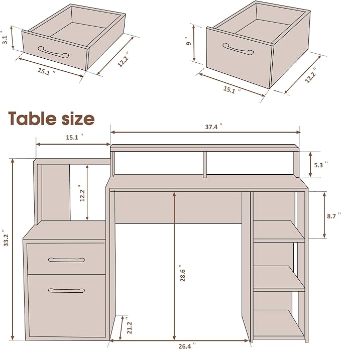 ivinta Computer Desk with Storage Shelves and Drawers, 52" Office Desk with Hutch and Storage Shelf, Modern Writing Desk Study Table for Living Room, Bedroom, Home Office 7116 (Brown)