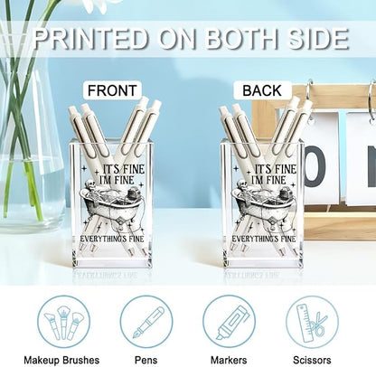 It's Fine I'm Fine Everything Is Acrylic Makeup Brush Pencil Holder Cup, Funny Bathtub Skull Pen Holder Gifts For Friends HR Nurse, Office Gifts for Women Men Coworker, Pencil Cup for Desk