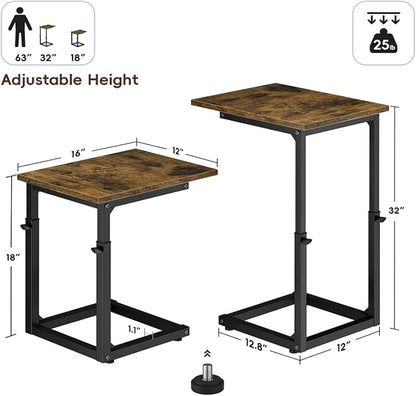 Vagusicc C-Shaped End Table for Couch, 33" Tall C Table Adjustable Height Side Table, Couch Side Tables with Metal Frame Slide Under Sofa, Sofa Table TV Tray for Living Room, Bedroom, Bedside, Brown