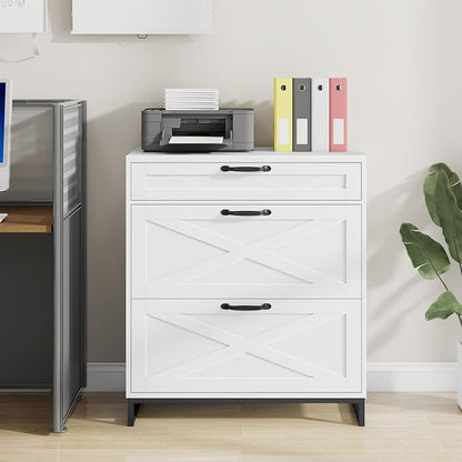 Farmhouse Lateral File Cabinet, Modern Farmhouse Filing Cabinet with 3 Drawers for Letter/Legal/A4 Size Hanging Files, File Storage Cabinet for Home Office, Printer Stand with Storage, Office White
