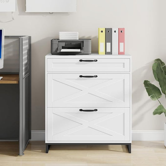 Farmhouse Lateral File Cabinet, Modern Farmhouse Filing Cabinet with 3 Drawers for Letter/Legal/A4 Size Hanging Files, File Storage Cabinet for Home Office, Printer Stand with Storage, Office White