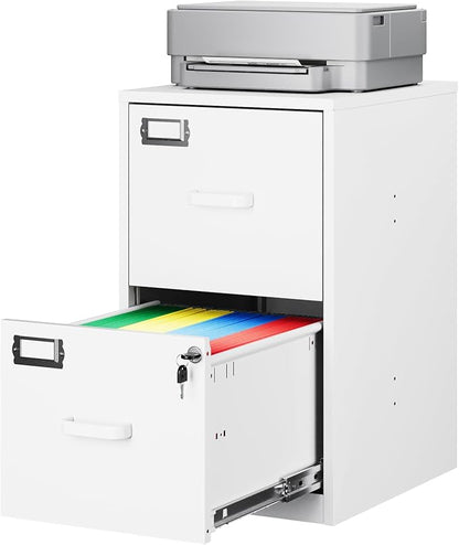 2-Drawer File Cabinet with Lock, Small Filing Cabinet Organizer for Hanging A4/Letter/Legal Size Folder, Under Desk Vertical Filing Cabinets for Home Office, Printer Stand, White