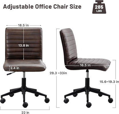 Furniliving PU Leather Office Desk Chair, Armless Vanity Chair with Wheels 360° Swivel Mid Back Height Adjustable, Computer Rolling Chairs with Gold Metal Base Stool, Black Brown