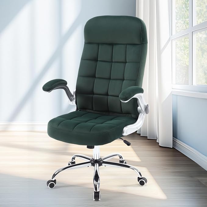 High Back Fabric Comfy Office Chair, Velvet Executive Desk Chair with Flip-Up Arms, Ergonomic Office Chairs with Lumbar Support, Upholstered Home Computer Swivel Chair with Wheels(Green)