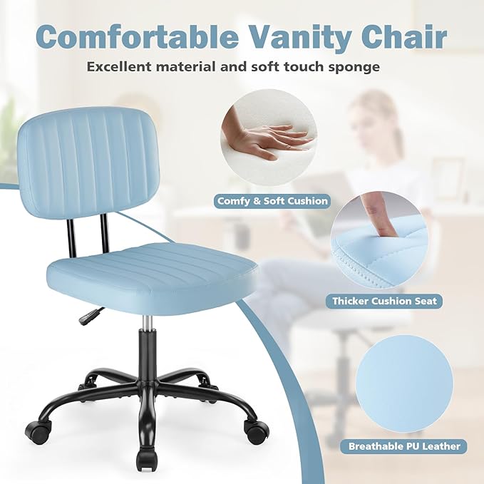 DUMOS Armless Home Office Executive Chair: Small Desk Chair with Low Back Lumbar Support, Height Adjustable PU Leather Computer Task with 360° Swivel Wheels, for Adults, Blue