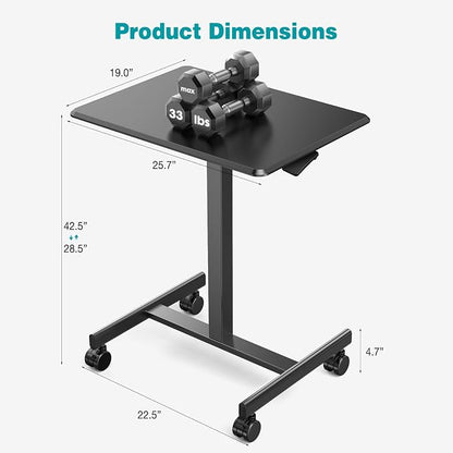 DUMOS Small Standing Desk Mobile Portable Rolling Laptop PC Table on Wheels Adjustable Height Computer Workstation for Home Office Small Space, 19 Inch, Black