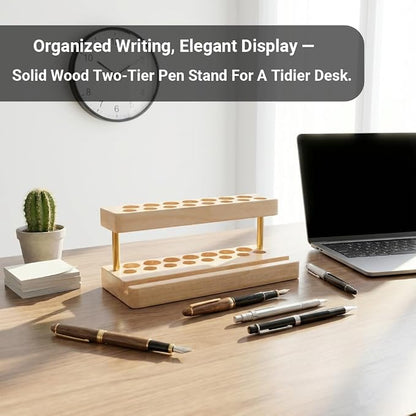 Pencil & Pen organizer for Desk,Wooden pen holder with Phone Stand for Office & Home,Solid Walnut Pencil Display Stand(Double-row - Natural Wood)