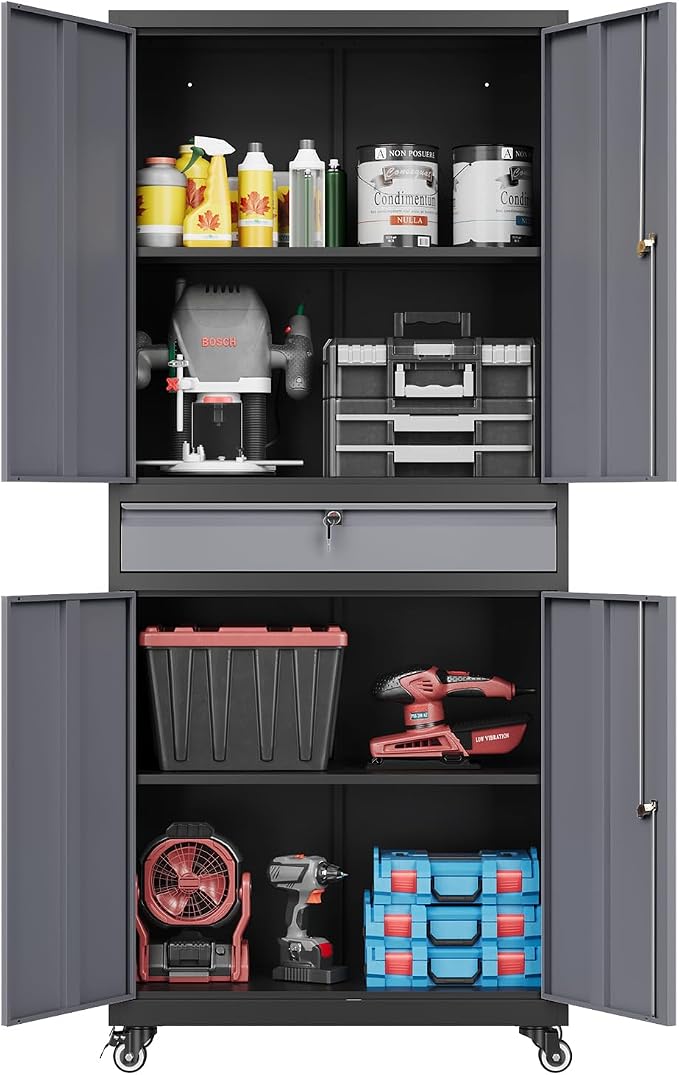 Fesbos 73" Metal Cabinet-Black&Gray Heavy Duty Rolling Storage Cabinet Steel Tool Cabinets with Wheels, Shelves, Lockable Doors and Drawers- for Garage, Pantry, Warehouse - Assembly Required