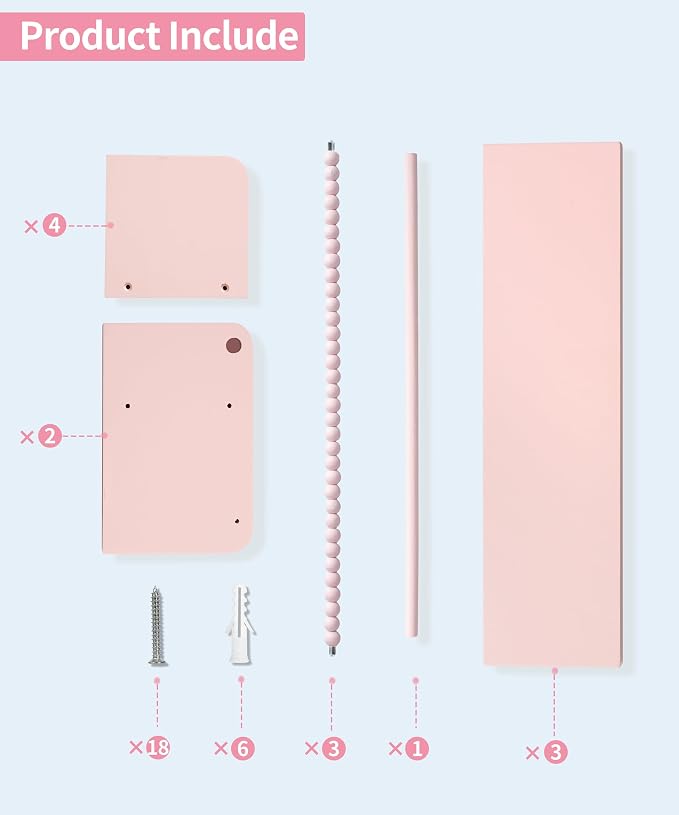 Maxpeuvon Nursery Book Shelves, Set of 3 Kids Bookshelves Natural Wood Wall Mount Organizer with Towel Bar Hanging Nursery Decor for Kids Room, Playroom, Bedroom and Kitchen, Pink