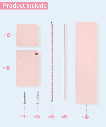 Maxpeuvon Nursery Book Shelves, Set of 3 Kids Bookshelves Natural Wood Wall Mount Organizer with Towel Bar Hanging Nursery Decor for Kids Room, Playroom, Bedroom and Kitchen, Pink
