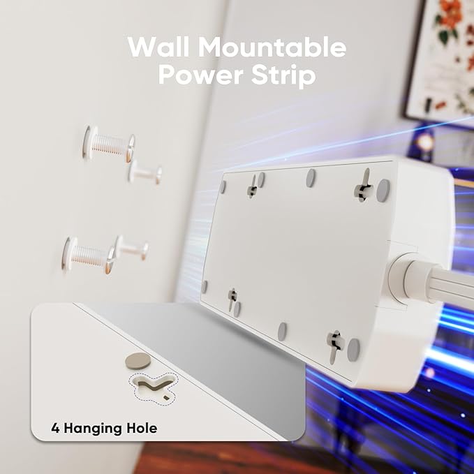 Flat Plug Power Strip, Yozisital Extension Cord with 8 AC Outlets & 4 USB Ports (2 USB-C), 5 FT Power Cord, Wall Mount, Desk Charging Station for Home Office, White
