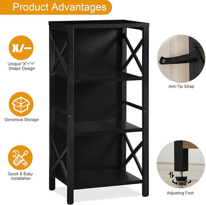 MNEETRUNG Small Bookshelf,4 Tier Industrial Bookcase with Metal Frame and Backboard,Narrow Black Book Shelf,Office Book case for Small Spaces,Living Room,Bedroom and Home Office
