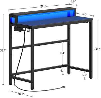 YATINEY Small Computer Desk with Charging Station and LED Lights, Gaming Desk with Monitor Stand, 2-Tier Home Office Desk with 4 Side Hooks, for Living Room, Home Office, Black DN01UDBBY2