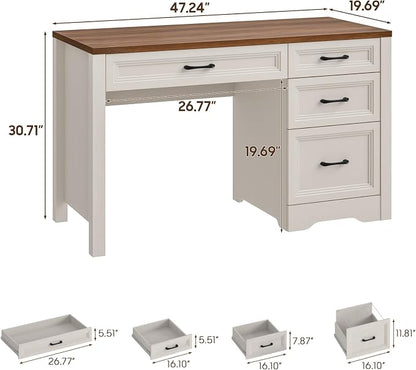 Vabches Farmhouse Executive Desk with Storage and Ample File Drawer, Rustic Large Home Writing Desk for Bedroom, White
