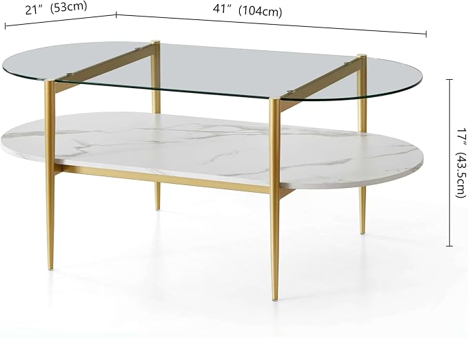 LumFurn Oval Coffee Table, Mid-Century Modern Design, L41 x W21 x H17 inch, for Living Room, Clear Glass Top, White Marble Finish Wood Shelf & Gold Finish Frame