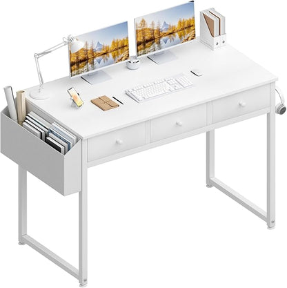 Lufeiya Small White Computer Desk with Drawers for Home Office Bedroom, 40 Inch Vanity Desk with Fabric Drawer Storage and Side Pouch, Study Writing Table, White