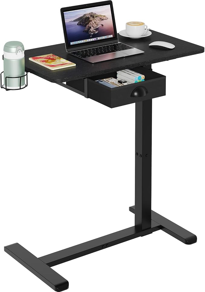 X-cosrack Overbed Bedside Table with Drawer, Adjustable Pneumatic Standing Desk with Wheels, Rolling Laptop Desk with Cup Holder, Computer Cart Movable Over Bed Table for Hospital and Home Use, Black