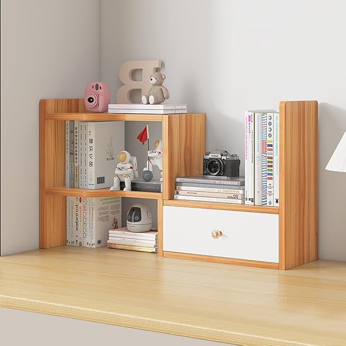 WWEENUO Expandable Desktop Bookshelf, Freestyle Adjustable Display Desk Shelf Counter Storage Rack Top Bookcase for Office & Home (Cherry Wood)