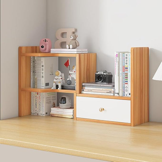 WWEENUO Expandable Desktop Bookshelf, Freestyle Adjustable Display Desk Shelf Counter Storage Rack Top Bookcase for Office & Home (Cherry Wood)
