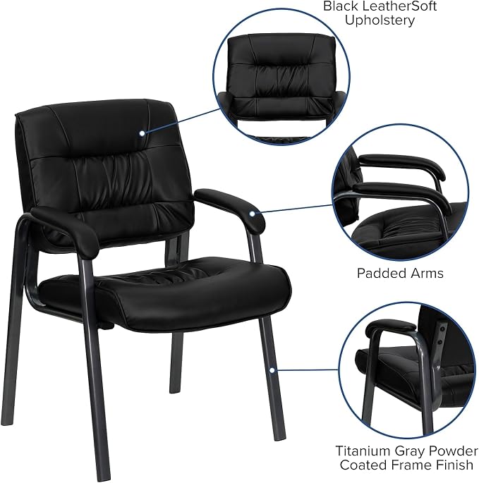 Flash Furniture Haeger Black LeatherSoft Executive Side Reception Chair with Titanium Gray Powder Coated Frame