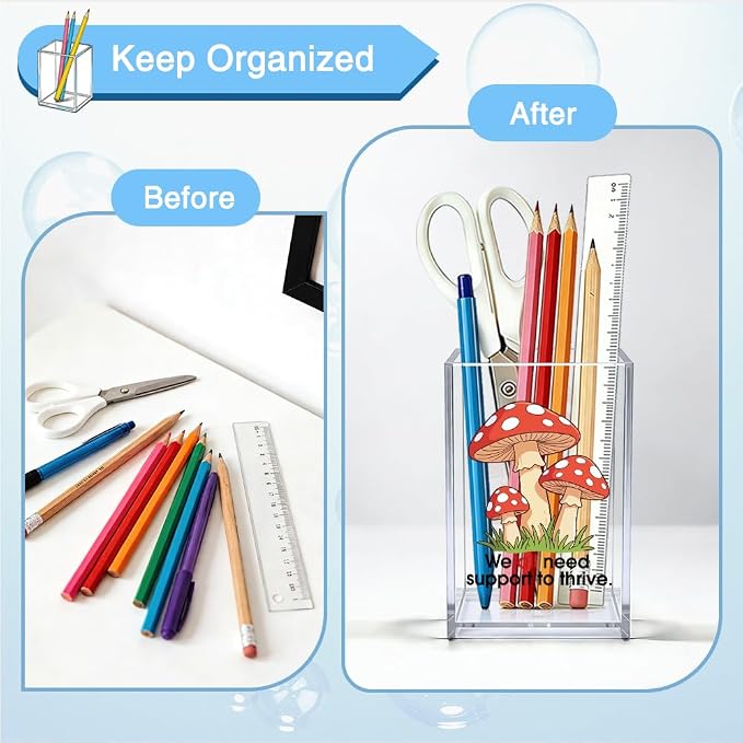 We All Need Support To Thrive Acrylic Pen Holder, Funny Mushroom Desk Pencil Cup Organizer, Mental Health Office Gifts for Women School Counselor Teacher Principal Social Worker Therapist
