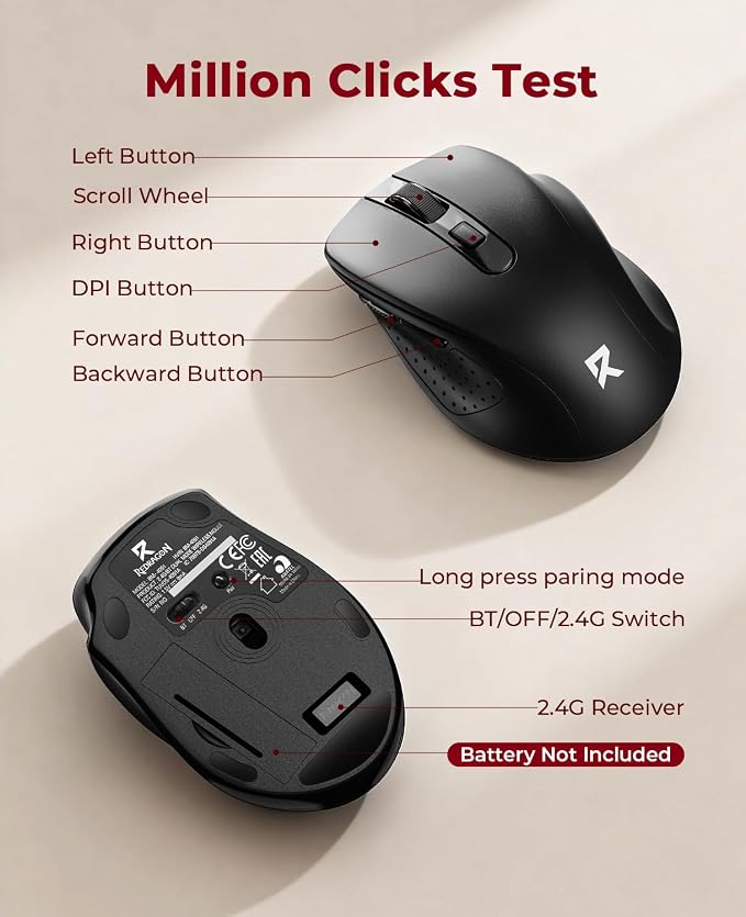 Redragon Wireless Mouse BT5.0/3.0 & 2.4G, 6 Buttons, 5 Level 4000DPI Bluetooth Mouse, 18 Months Battery, Portable Optical Computer Mice for Laptop, PC, Chromebook, Windows, Mac-Black