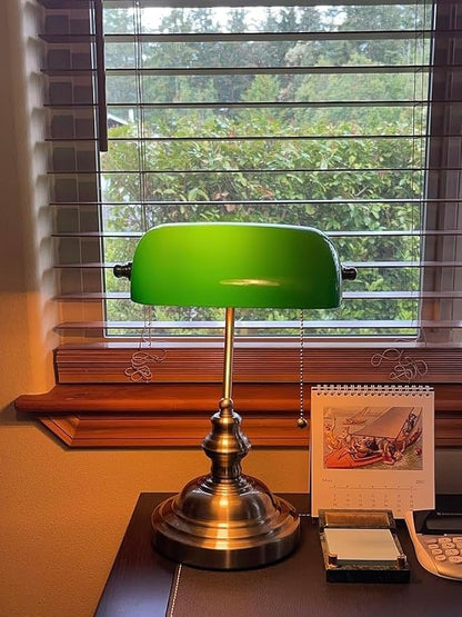 FIRVRE Green Bankers lamp, Antique Desk Lamps with Brass Base, Library Lamp with Pull Chain, Retro Desk Lamp for Home Office, Study Room, LED Bulb Included